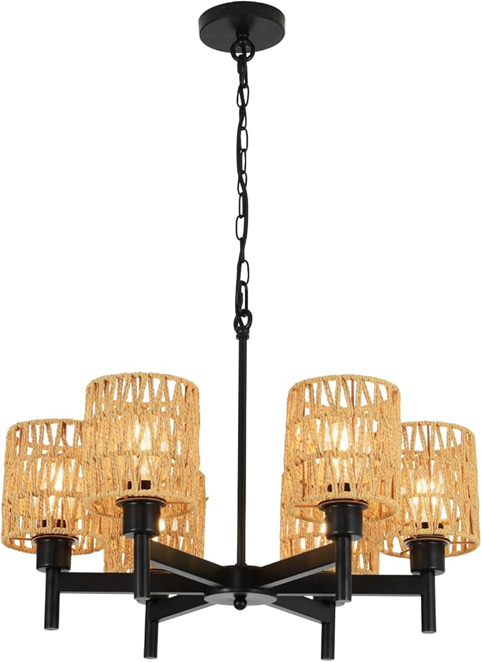 6-Light Boho Rattan Chandeliers for Dining Room Black Farmhouse Pendant Lights Kitchen Island Adjustable Height Rustic Chandelier for Living Room Bedroom Entryway Foyer E26 Base