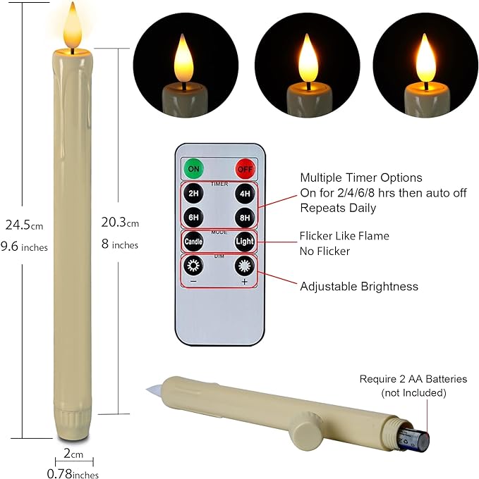 Homemory 48 Pcs Plastic Flameless Taper Candles with Remote Timer Dimmer, Taper Candles Battery Operated with Flickering Light, Ivory Led Candlesticks for Wedding Party Holiday Decoration 9.6 Inches
