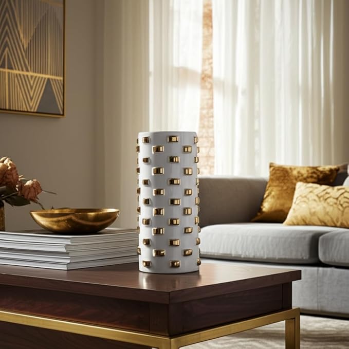 Modern Glam Stoneware Vase with Geometric Accents – Decorative Ceramic Flower Holder – Elegant Home Decor Accent for Living Room, Bedroom, Dining Room, or Office – 11", White and Gold