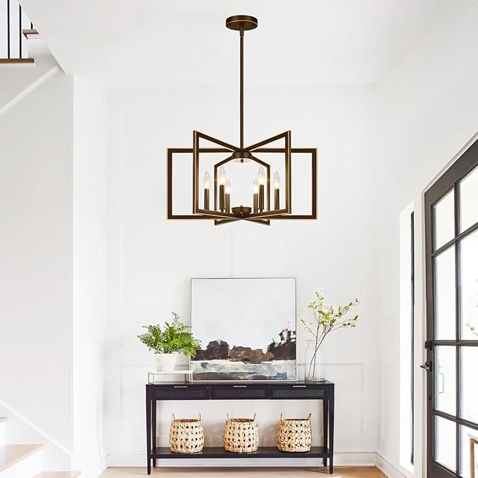 25" No Assembly Required Chandelier for Dining Room, Modern Oil-Rubbed Bronze Dining Room Light Fixture Over Table, Industrial Metal Hanging Pendant Lights Fixture for Kitchen Island, Entryway, Foyer