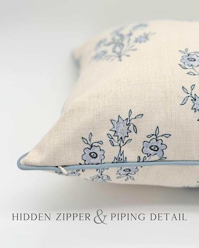 “The Mary” Periwinkle Floral Block Print Pillow Cover – Blue and Off-White Decorative Throw Pillow Cover – Grandmillennial Home Decor, 26" x 26"