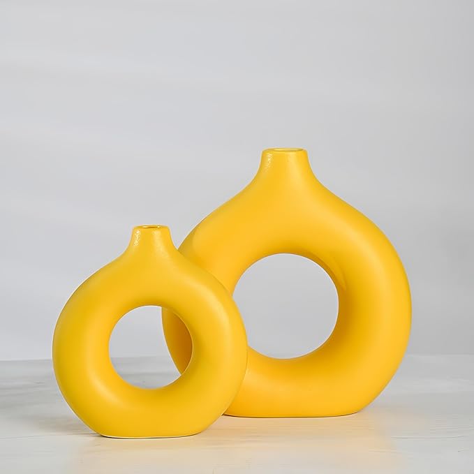 Modern Donut-Shaped Decorative Vases, Handmade Minimalist Boho ins Style, Modern Vase for Home Decor for Wedding Dinner Table Party Living Room Office Bedroom (Yellow, Small)