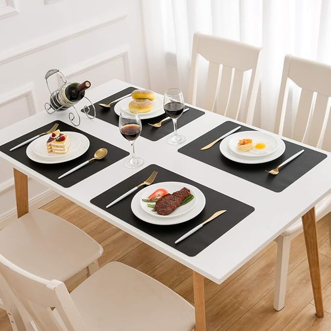 DOLOPL Placemats Set of 8, Black Wipeable Faux Leather Heat Resistant Place Mats for Kitchen Dining Room Table Decorations, Modern Waterproof Table Mats for Indoor & Outdoor Use