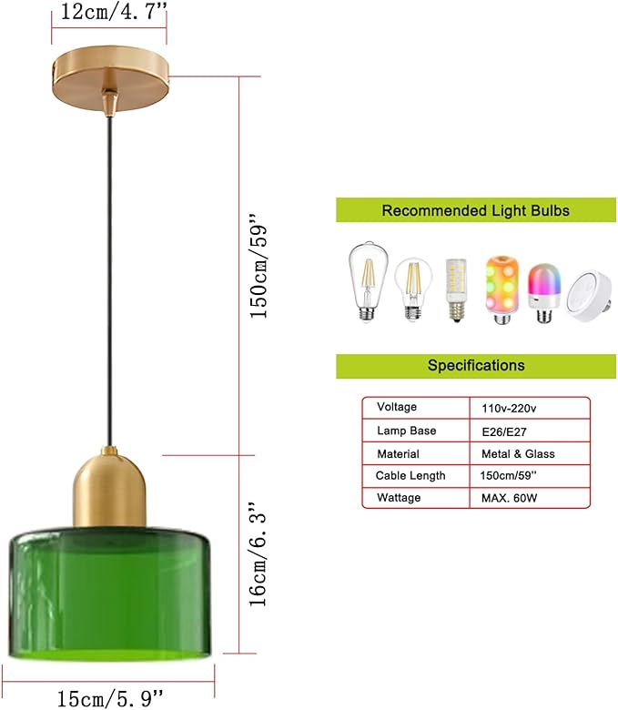 Modern Glass Pendant Light, E26 Hanging Light Fixture with Gold Metal Socket, Adjustable Cord Ceiling Lighting for Kitchen, Dining Room, and Bedroom (Dark Green)