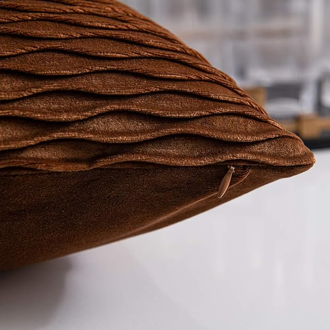 Light Brown Throw Pillow Cases: 2 Pack 22x22 Inch Original Stripe Velvet Square Decorative Pillow Covers for Farmhouse Couch