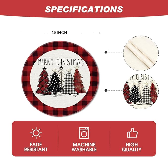 Artoid Mode Watercolor Red and Black Buffalo Plaid Christmas Trees Merry Xmas Round Placemats Set of 4, 14 Inch Winter Round Table Mats for Dining Decoration