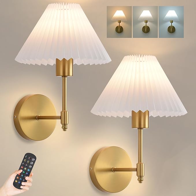 Battery Operated Wall Sconces Set of 2,Gold Rechargeable Wall Lights with Remote,Dimmable Wall Lamp with Pleated Shades,15 Colors Wireless Bathroom Vanity Wall Sconce for Bedroom Living Room Hallway