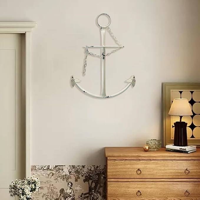 Nautical Anchor Wall Decor,Antique Metal Anchor Art Wall Decor With Chain for Bedroom Living Room Dorm Home/13" Antique Anchor with Chain Wall Decor,Antique Metal Anchor Farmhouse Decor(Creamy White)