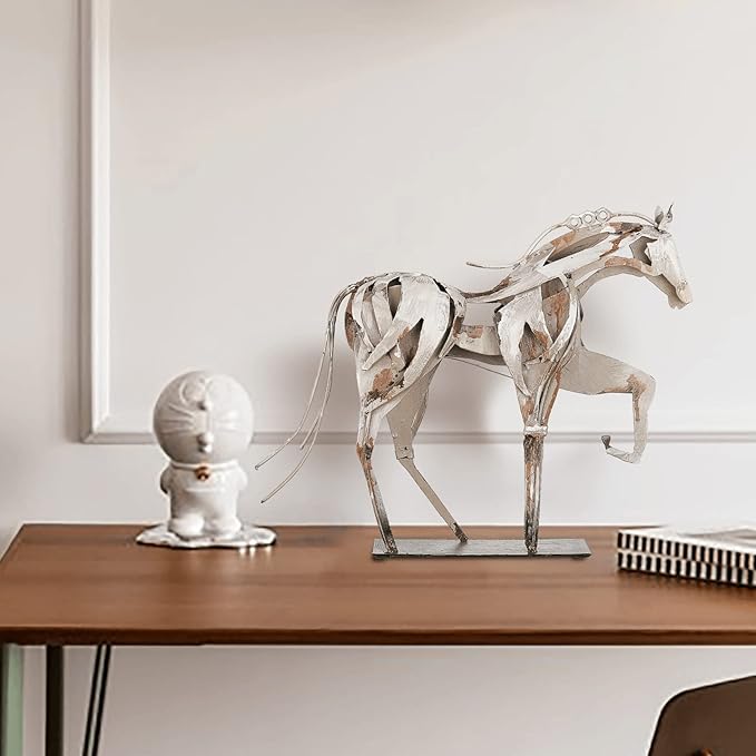 Handmade Metal Horse Statue Decor - Handcrafted & Hand-Painted Sculpture, Unique Rustic Figurine for Home, Office, Desk Decoration (White)