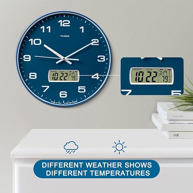 Wall Clock, 13" Dial Non-Ticking Silent Battery Operated Analog with LCD Display for Perpetual Calendar and Fยฐ Temperature, Ideal Modern Home, Office Decor (Blue)