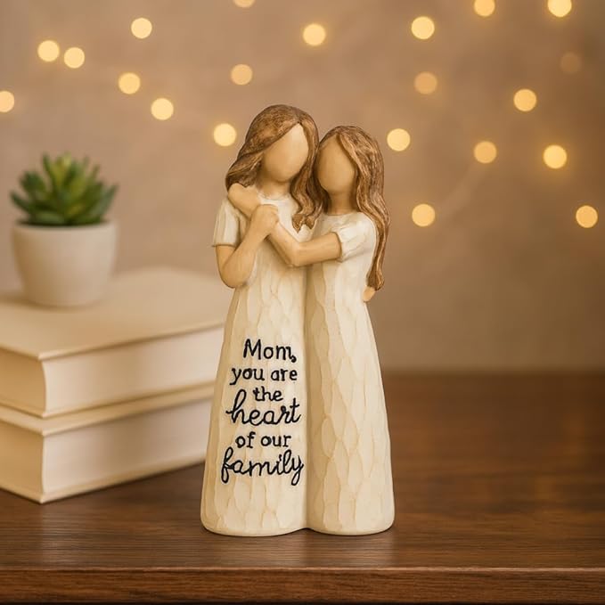 Elegant Mother and Daughter Figurine – 5.7” Tall Resin Sculpture with Hand-in-Hand Pose, Rustic Crackle Finish, Meaningful for Mom Mother’s Day, Birthday (Mom-Dau)