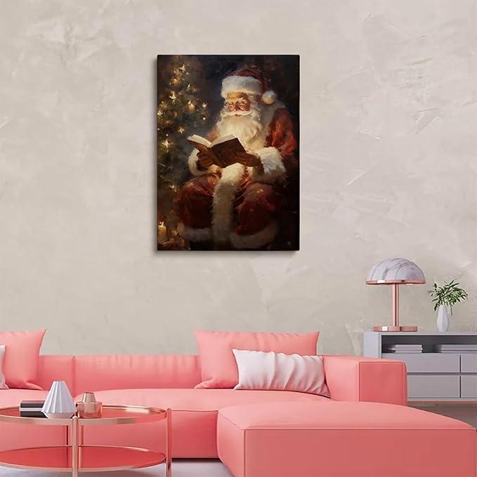 Vintage Christmas Santa Reading Book Wall Art Print,Santa Reading the Bible Oil Painting,Christmas Cottagecore Decor,Dark Academia,Winter Print