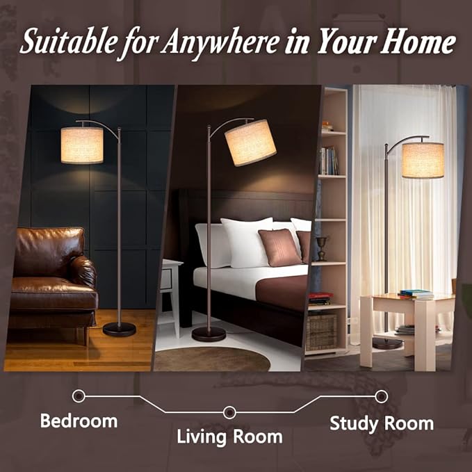 ROTTOGOON Floor Lamp for Living Room, LED Tall Industrial Standing Lamp Reading for Bedroom, Office (9W LED Bulb, Beige Lampshade Included) -Oil-Rubbed Bronze
