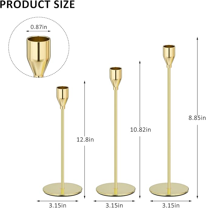 Gold Taper Candle Holders Set of 9, Candlestick Holders, Candle Holders with 3 in 1 Candle Accessory Set, Metal Candle Stand for Mantle Table Centerpiece, Weddings, Dining, Housewarming