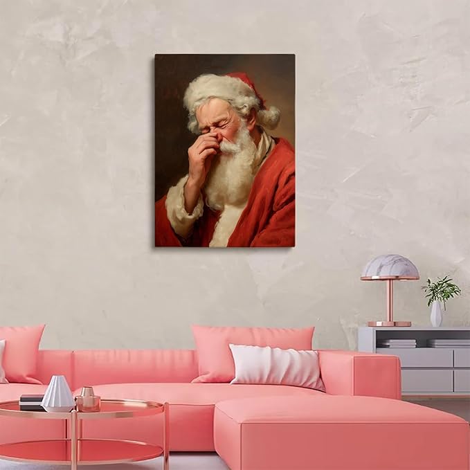 Funny Holiday Bathroom Print,Vintage Santa Plugging Nose Painting,Stinky Bathroom Wall Art,Santa Touching His Nose Prints