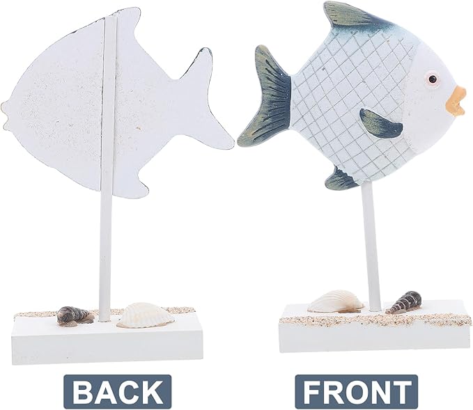 LUOZZY 2 Pcs Mediterranean Wooden Fish Statue Coastal Sea Animal Figurine Hand Carved Nautical Sculpture Rustic Home Decor