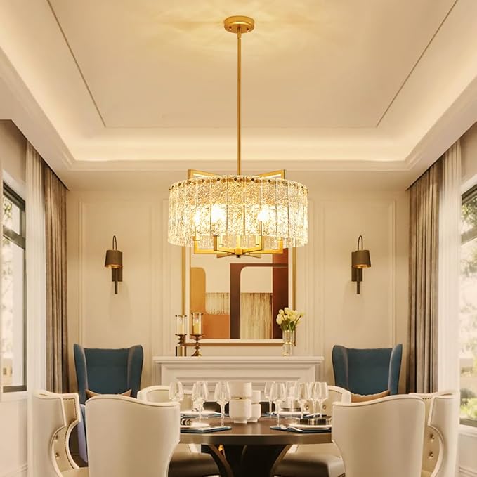 Shrine Lighting Crystal Chandeliers, Modern Luxury Style, Perfect Pendant Light Fixture for Living Space, D20'' × H4'', Adjustable 43'', 6 x E12 Sockets, Glass Shade & Brass Finish Frame