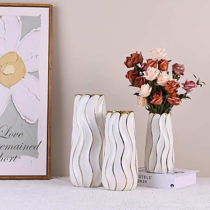 9.5" White Ceramic Vase - Minimalist Decor White and Gold Flower Vase, Modern Pampas Grass Vase, Boho Decorative Centerpiece Vase for Home Decor, Table, Shelf, Mantel, and Entryway