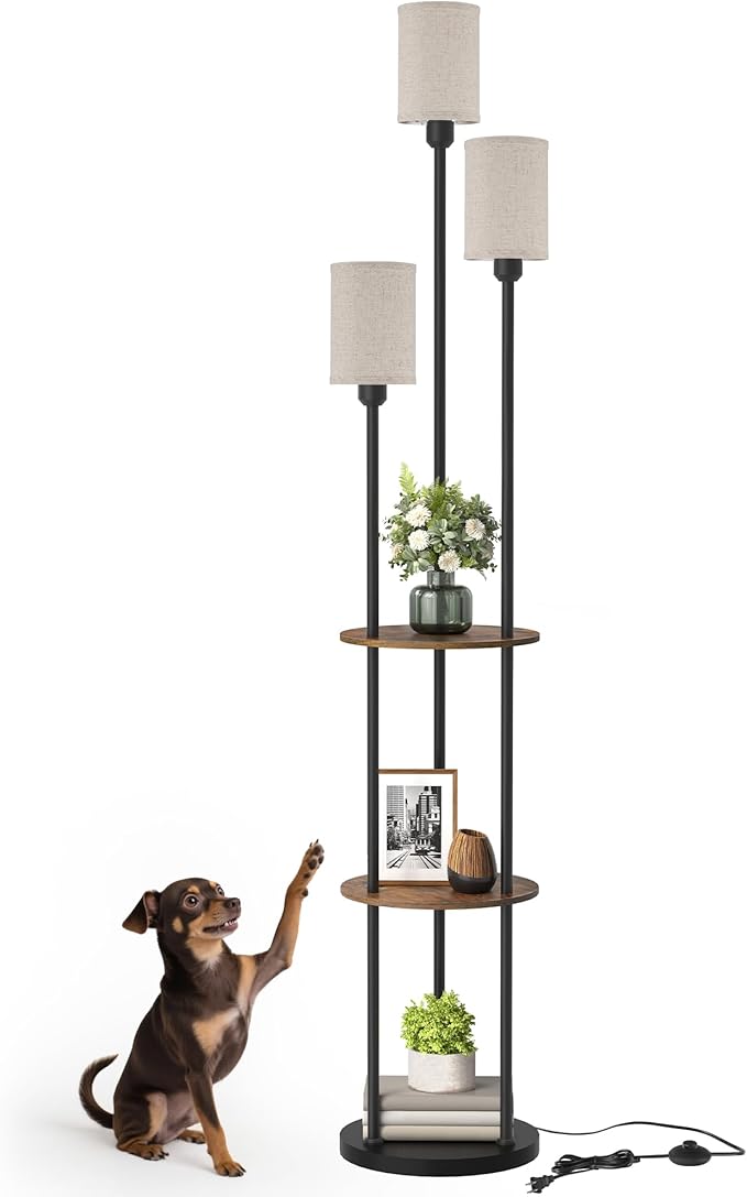 Floor Lamp with Shelves, Modern Floor Lamp with 3 Linen Shades and Foot Switch, 3-Light Standing Lamp, for Living Room, Bedroom, Study, Office, Rustic Brown and Beige EF53LD05