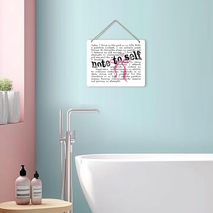Udinaz Mental Health Inspirational Hanging Sign, Positive Affirmations Wall Decor, Note to Self Coquette Pink Bow Hanging Wood Plaque Decor for Therapy Office Girly Bedroom Wall Door Decorations
