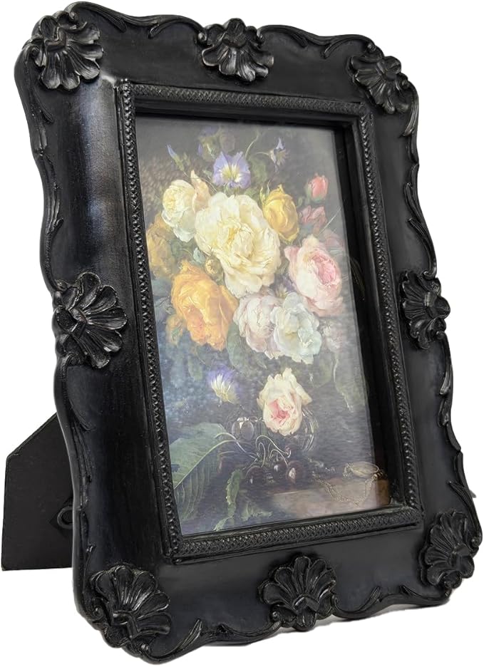 SYLVIA'S SHOP 4x6 Vintage Picture Frame, Antique Black Ornate Photo Frame, for Tabletop and Wall Display, Decorative Floral Design Retro Home Decor, Photo Gallery Art