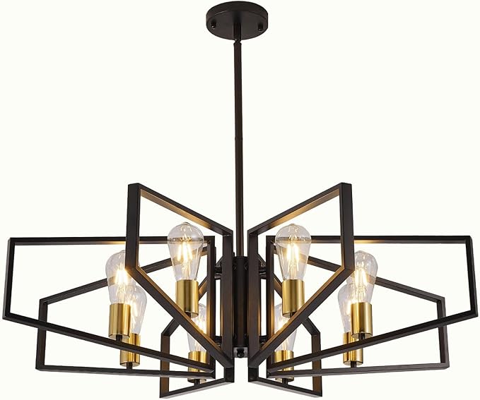 Black and Gold Chandelier, 8-Light Farmhouse Dining Room Light Fixture, Geometric Pendant Lights Kitchen Island, Modern Industrial Chandelier for Living Room, Bedroom, Foyer, Stairway, Entryway