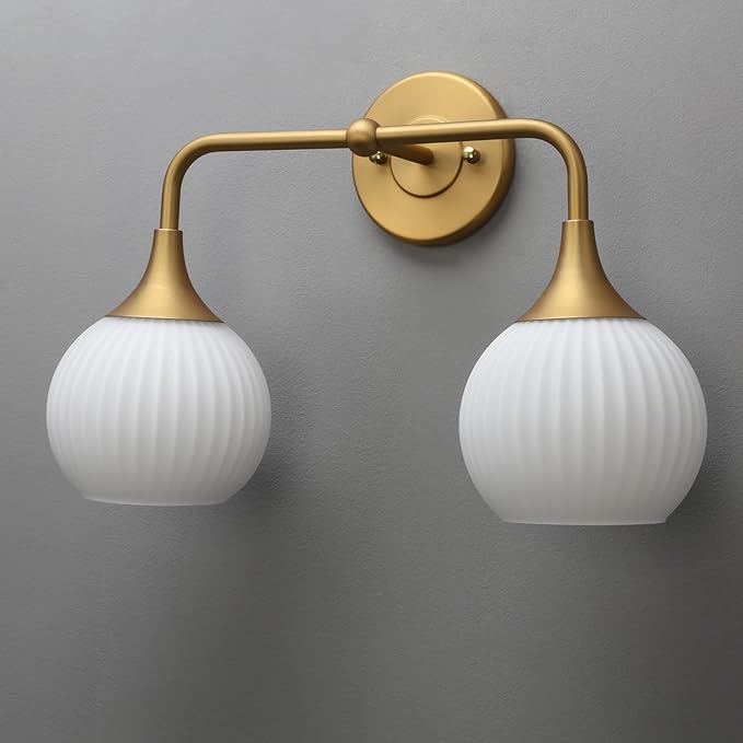 PERMO Double Sconce Antique 2 Light Sconces Vintage Vanity Light with Milk White Ribbed Globe Glass Shade for Bathroom Mirror Makeup Living Room Bedroom