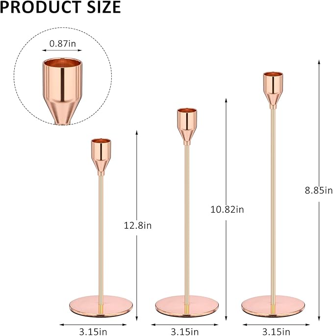 Rose Gold Taper Candle Holders, Candlestick Holders, Candle Holders with 3 in 1 Candle Accessory Set, Metal Candle Stand for Mantle Table Centerpiece, Weddings, Dining, Housewarming(Set of 6)