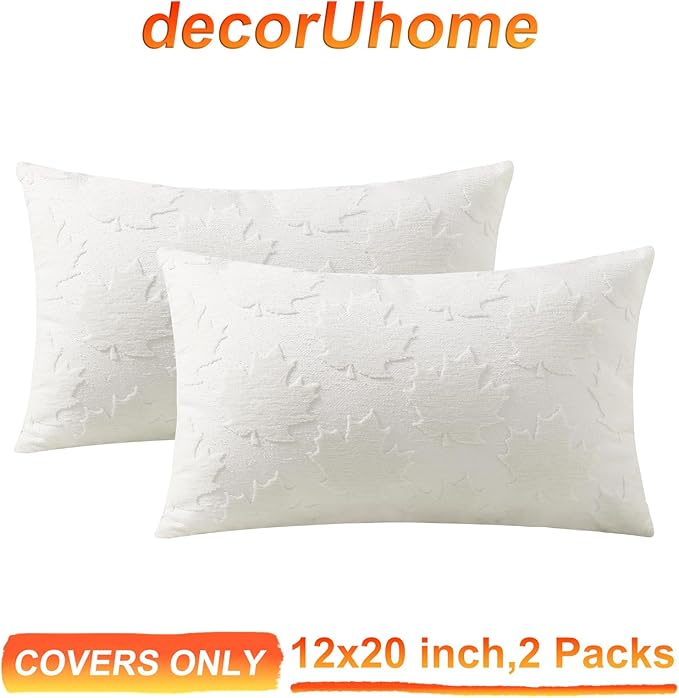 decorUhome Decorative Cream White Maple Leaf Thanksgiving Throw Pillow Covers 12x20 Set of 2, Soft Chenille Jacquard Farmhouse Textured Pillow Covers for Couch Sofa Autumn Harvest Halloween Holiday