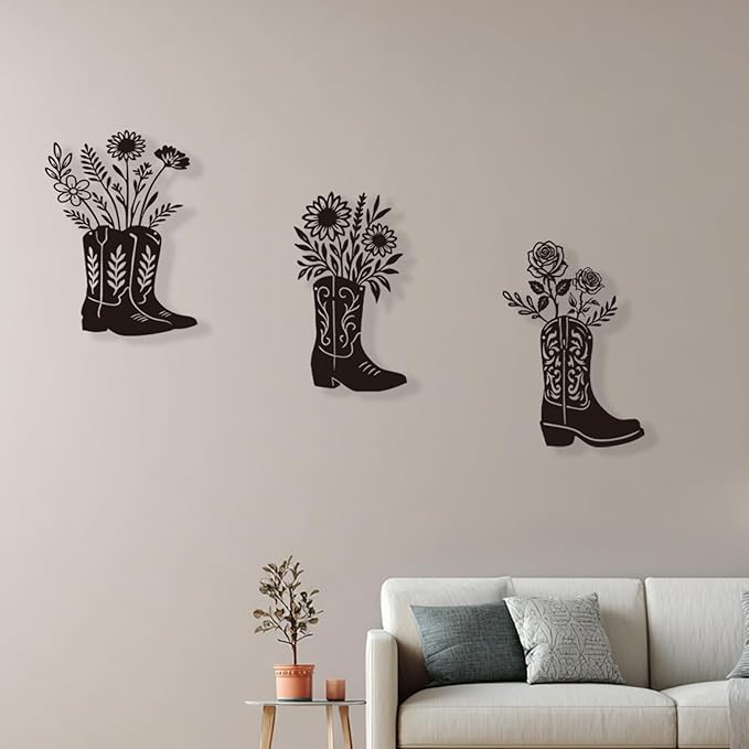 Zckjnoi Cowboy Boot Metal Wall Sculpture Set of 3 – Country Farmhouse Wall Hanging Art, Rustic Vintage Style Metal Signs for Living Room, Bedroom, Bathroom, or Modern Home Wall Decoration