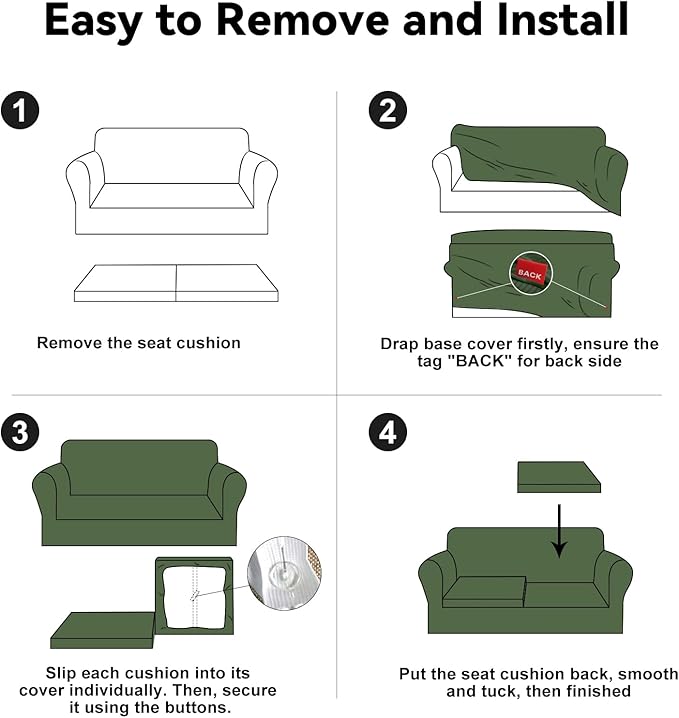 100% Waterproof Couch Cover 3-Piece Set Striped Sofa Slipcovers for 2 Cushion Couch Sofa Covers with TPU Leakproof Bottom Couch Protector Pet Proof - Sofa(2-Cushion), Military Green
