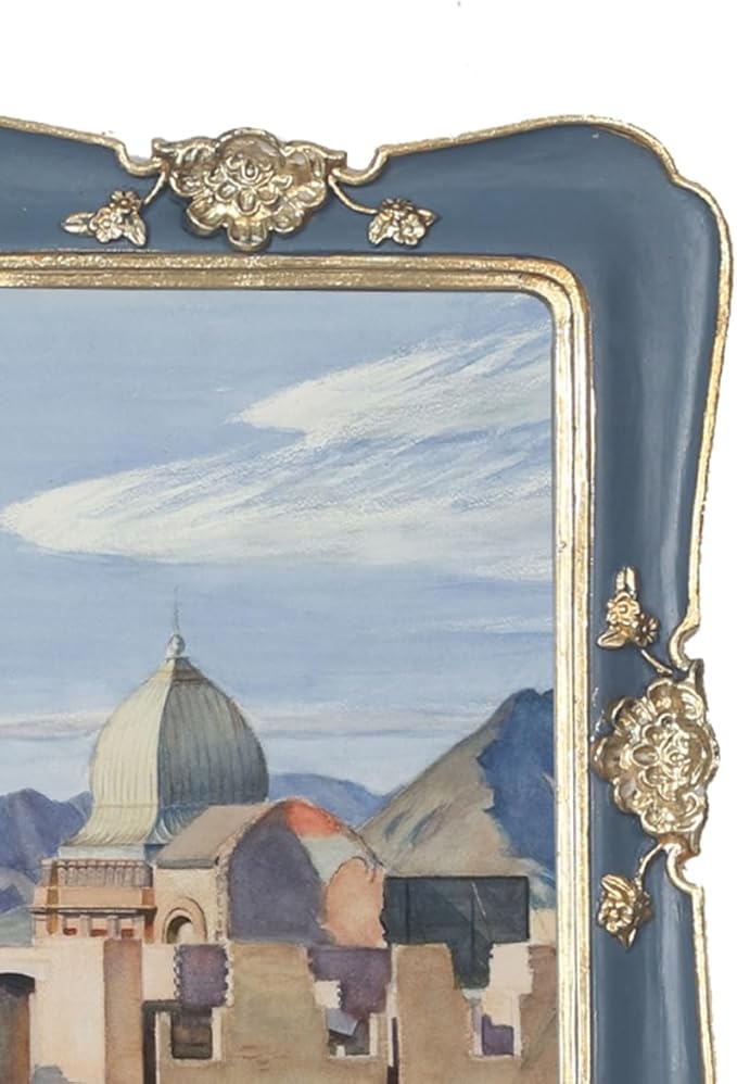WINPLUS+ Vintage Picture Frame 5x7, Wall Mount and Tabletop Display, Art Gallery Gift (Blue and Gold 5x7)