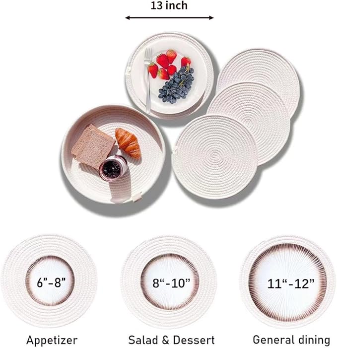 Art PineCone's Woven Cotton Rope Round Placemats Set of 4 with Holder Included, Non-Slip, and Heat Resistant Shabby Chic Placemats (Off White, 13 inch)