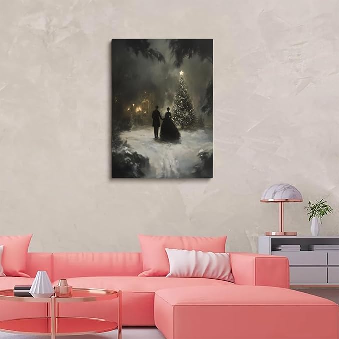 Victorian Christmas Tree Art Prints,Romantic Winter Couple,Moody Christmas Print,Dark Holidays Cottagecore Decor