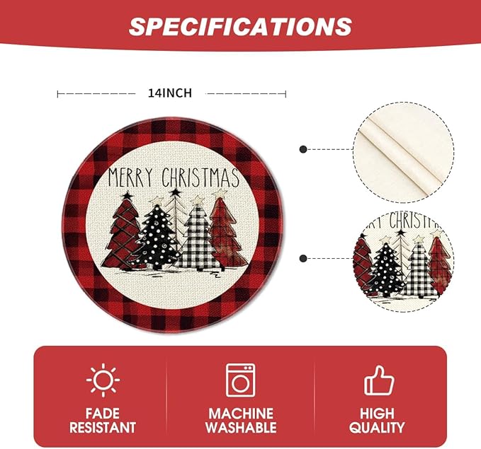 Artoid Mode Watercolor Red and Black Buffalo Plaid Christmas Trees Merry Xmas Round Placemats Set of 6, 14 Inch Winter Round Table Mats for Dining Decoration