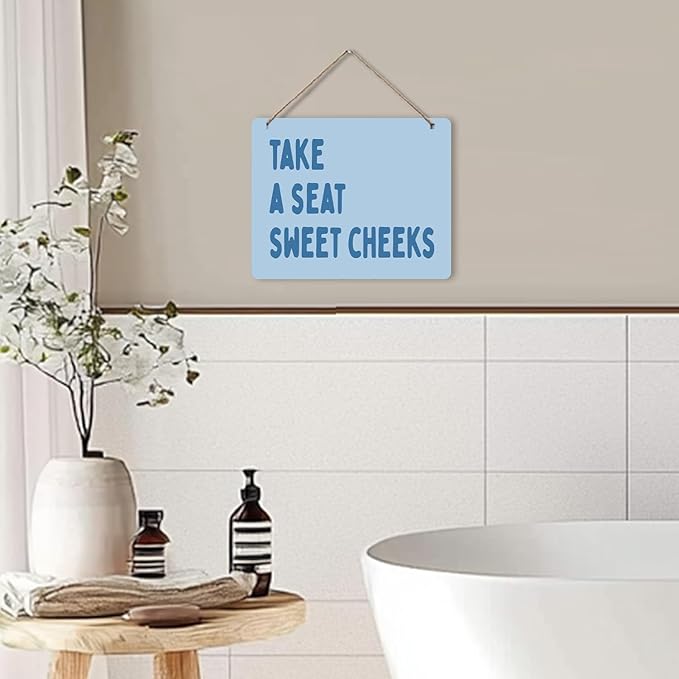 Udinaz Hot Blue Funny Sweet Cheeks Hanging Sign for Bathroom, Funny Bathroom Wall Decor, Take a Seat Sweet Cheeks Humorous Hanging Wood Plaque Decor for Bath Room Washroom Wall Door Decorations