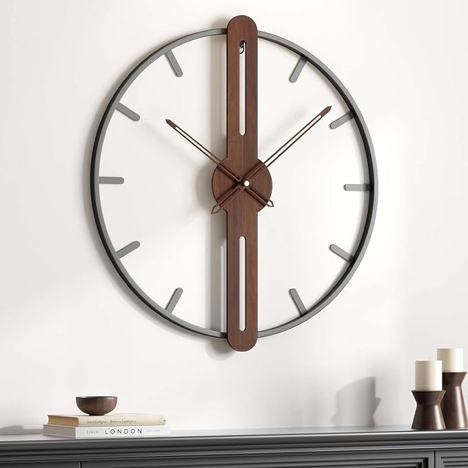 Modern Wall Clock for Living Room Decor, Silent Non Ticking Battery Operated Big Clock, Rustic Minimalist Wood Metal Frame Decorative Wall Clocks for Office, Bedroom, Kitchen, 20 Inch