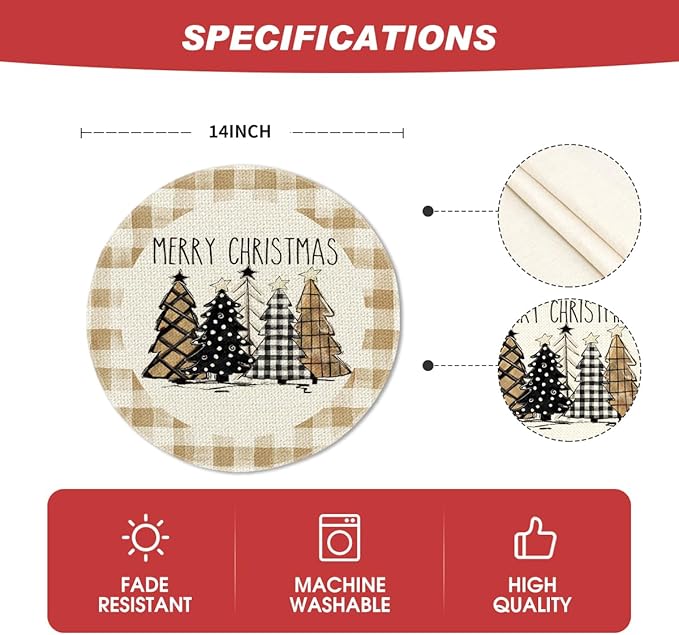 Artoid Mode Watercolor Brown Buffalo Plaid Christmas Trees Round Placemats Set of 4, 14 Inch Seasonal Winter Xmas Holiday Round Table Mats for Party Kitchen Dining Decoration