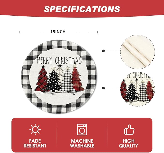 Artoid Mode Waterclor Buffalo Plaid Christmas Trees Merry Xmas Round Placemats Set of 4, 14 Inch Seasonal Winter Round Table Mats for Dining Decoration