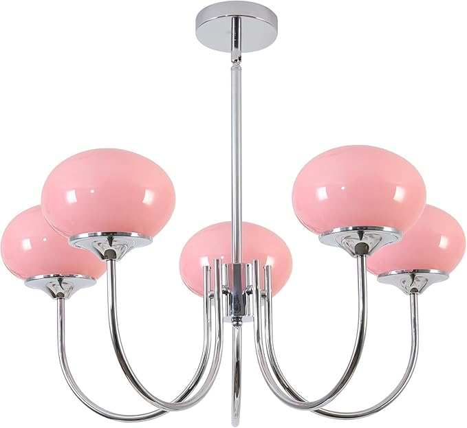 BOKT Nordic Pink Chandelier 5 Heads Chrome Chandelier Pendant Light Fixture Dining Room Oval Glass Globe Ceiling Chandeliers Elegant Decorative Chandeliers for Girls' Bedroom
