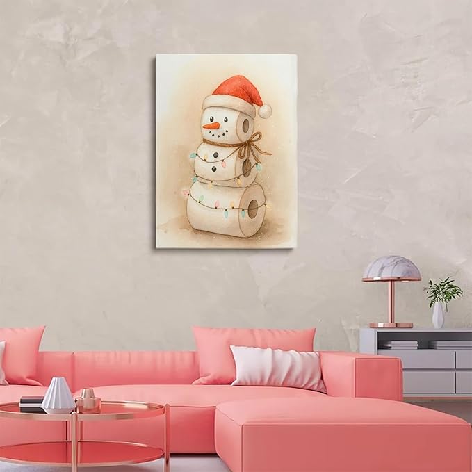 Whimsical Toilet Paper Snowman Christmas Wall Art Print,Funny Christmas Bathroom Decor,Cute Holiday Toilet Pape Snowman Painting,Toilet Poster, Rustic Winter Print