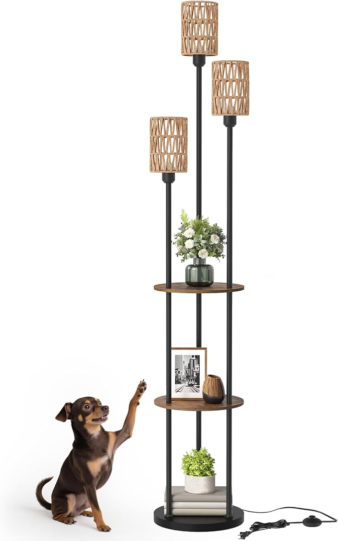 Floor Lamp with Shelves, Boho Floor Lamp with Foot Switch, 3-Light Standing Lamp, for Living Room, Bedroom, Study, Rustic Brown and Yellow YF53LD05 