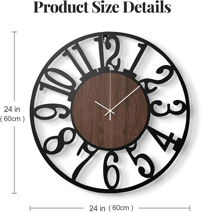 Cuspin 24 inch Large Wall Clock for Living Room Decor, Decorative Metal and Wood Wall Clock Battery Operated Silent Non Ticking, Modern Farmhouse Black Round Big Clocks -Arabic Numerals