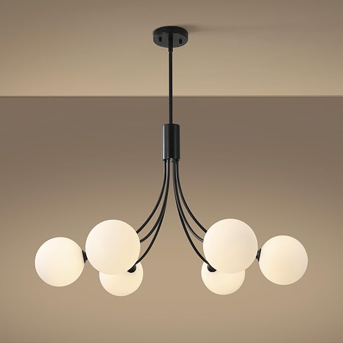 Black Sputnik Chandelier,6-Light Modern Mid Century for Dining Room Light Fixtures Over Table,Adjustable Hanging Ceiling Light Fixture with Globe Glass Shades for Kitchen Island Living Room Bedroom