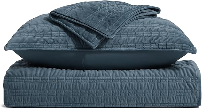 EVERGRACE Velvet Quilt Queen Size, Luxury Velvet Bedding Set, Ultra Soft Ruched Quilt Sets, Lightweight Comforter Vintage Textured Bedspread Coverlet with 2 Shams for All Season, Stormy Blue