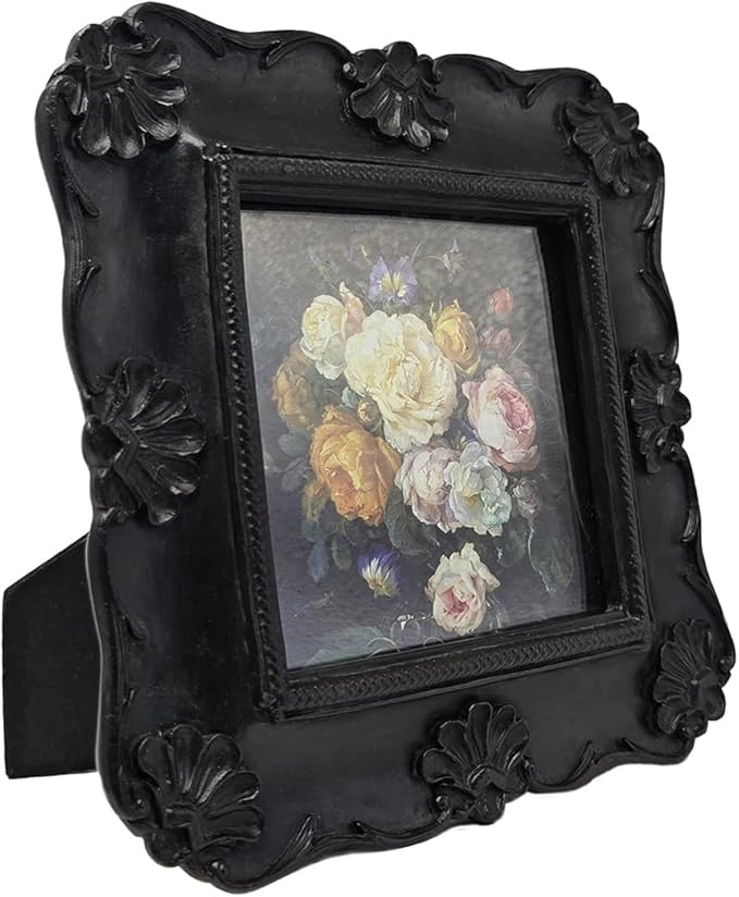 SYLVIA'S SHOP 4x4 Small Vintage Picture Frame, Antique Black Ornate Square Photo Frame, for Tabletop and Wall Display, Decorative Floral Design Retro Home Decor, Photo Gallery Art
