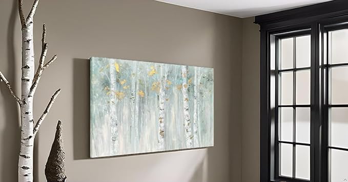 Yihui Arts Birch Tree Canvas Wall Art with Gold Foil - Abstract Forest Paintings with Textured - Green Landscape Pictures for Living Room Bedroom Bathroom Decor