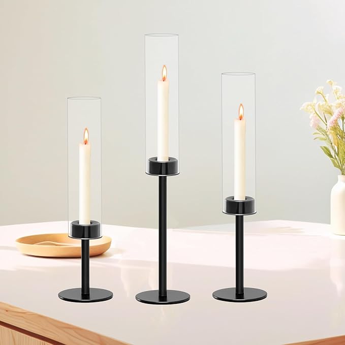 Black Taper Candle Holder Set with Glass Hurricane โ Modern Candlestick Holders for Dining Room, Premium Gift Set for Wedding, Fall Centerpieces for Tables, Warmly Gift for Home Decor, Christmas Decor