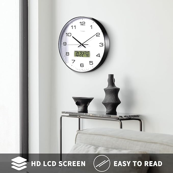 Wall Clock, 13" Dial Non-Ticking Silent Battery Operated Analog with LCD Display for Perpetual Calendar and Fยฐ Temperature, Ideal Modern Home, Bedroom, Kitchen, Office Decor(Black)