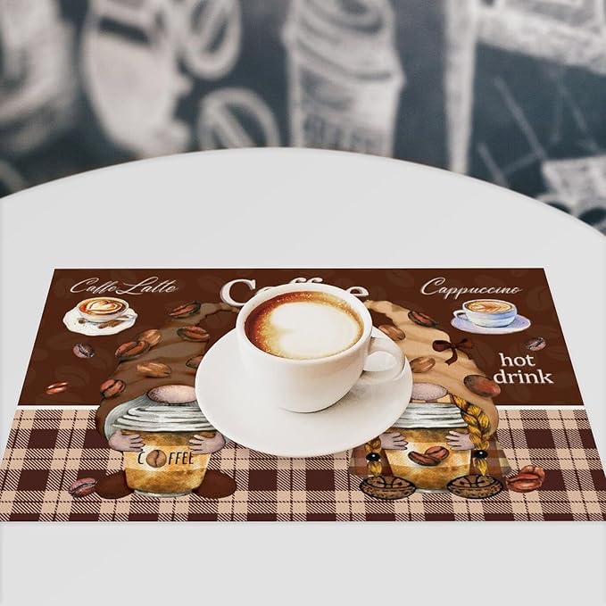 Coffee Gnomes Placemat Set of 4, 12x18 Inch Rustic Brown Plaid Buffalo Plaid Coffee Cups Beans Print Farmhouse Washable Heat Resistant Table Mats for Outdoor Farmhouse Kitchen Dining Decor